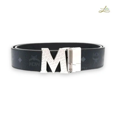 Pre-owned Mcm Belt Claus Textured M Reversible 4.5 Cm In Visetos One Size In Black