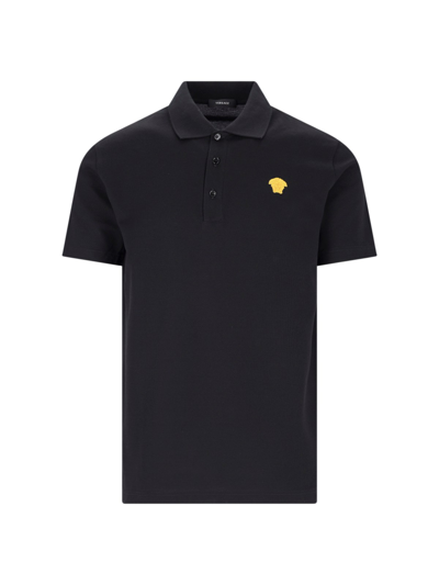 Versace Medusa Embroidered Polo Shirt In Black