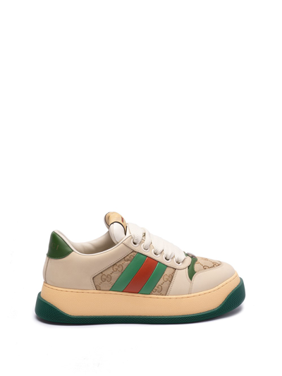 Gucci Double Screener Leather Sneakers In Beige
