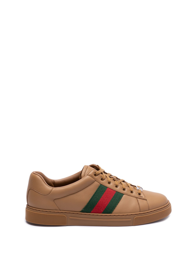 Gucci Men's Ace Leather Low-top Sneakers With Web In Quartz