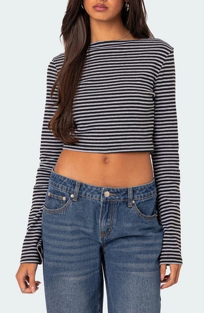 Edikted Charlee Stripe Long Sleeve Crop Top In Gray