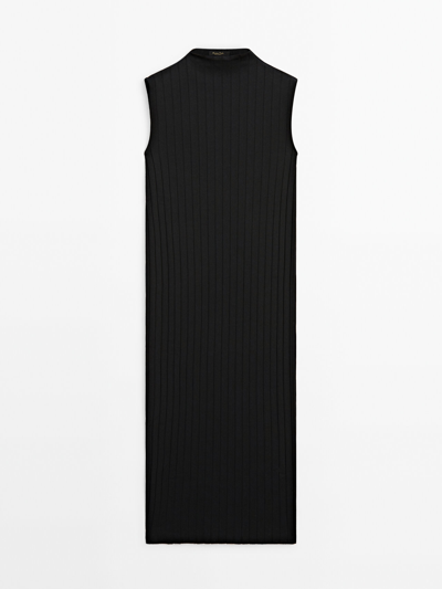 Massimo Dutti Ribbed Knit Midi Dress In Black