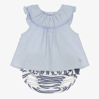 Tutto Piccolo Babies' Girls Blue Striped Cotton Shorts Set