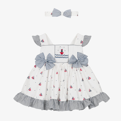 Pretty Originals Babies' Girls White Nautical Cotton Dress Set