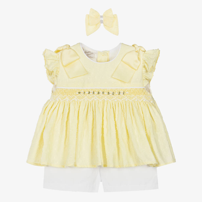 Pretty Originals Babies' Girls Yellow Smocked Cotton Shorts Set