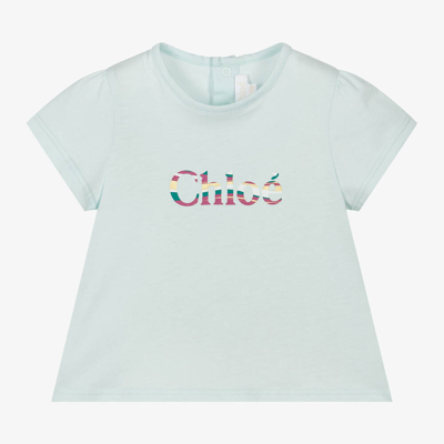 Chloé Babies' Logo-print Organic Cotton T-shirt In Blue