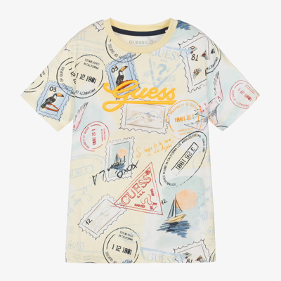 Guess Kids' Boys Pastel Yellow Graphic Cotton T-shirt In Multi