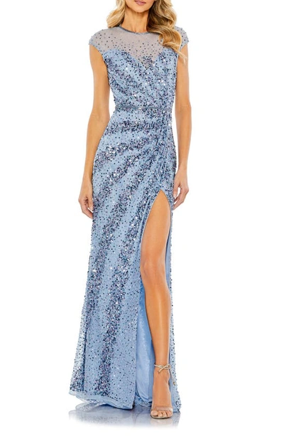 Mac Duggal Embellished Illusion High Neck Cap Sleeve Gown In French Blu