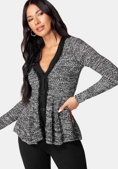 Bebe Tweed Peplum Sweater Cardigan In Black,white Alyssum