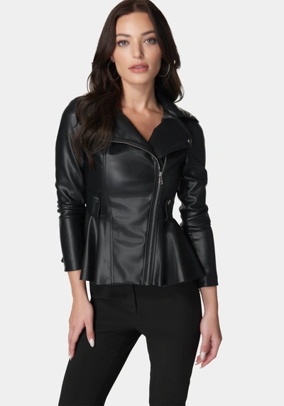 Bebe Vegan Leather Moto Peplum Jacket In Black