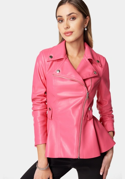 Bebe Vegan Leather Moto Peplum Jacket In Raspberry Sorbet