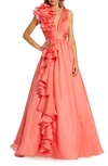 MAC DUGGAL RUFFLE DETAIL RUCHED CHIFFON BALLGOWN