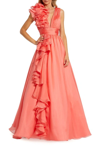 Mac Duggal Ruffle Shoulder V-neck Chiffon Gown In Animal Print