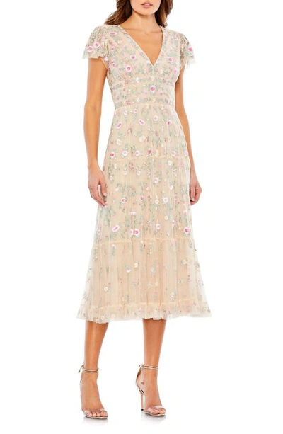 Mac Duggal Embroidered V Neck Cap Sleeve Midi Dress In Beige Multi