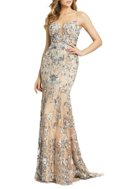 MAC DUGGAL EMBROIDERED FLORAL MERMAID GOWN WITH TRAIN
