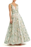 Mac Duggal Floral Embroidered Illusion V-neck Gown In Cream Multi