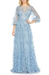 Mac Duggal Embroidered Puff Sleeve A-line Gown In Blue