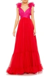 Mac Duggal Ruffle Detail Open Back Tiered Gown In Red Pink