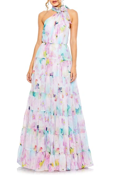 MAC DUGGAL FLORAL ASYMMETRIC HALTER NECK TIERED GOWN