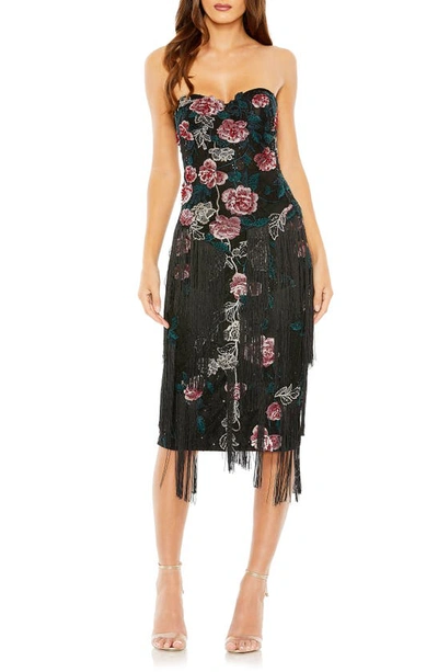 Mac Duggal Beaded Floral Fringe Detail Strapless Cocktail Midi Dress In Black