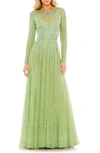 Mac Duggal Sequined Illusion High Neck Long Sleeve Gown In Sage