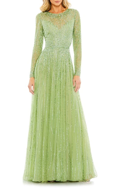 Mac Duggal Sequined Illusion High Neck Long Sleeve Gown In Sage