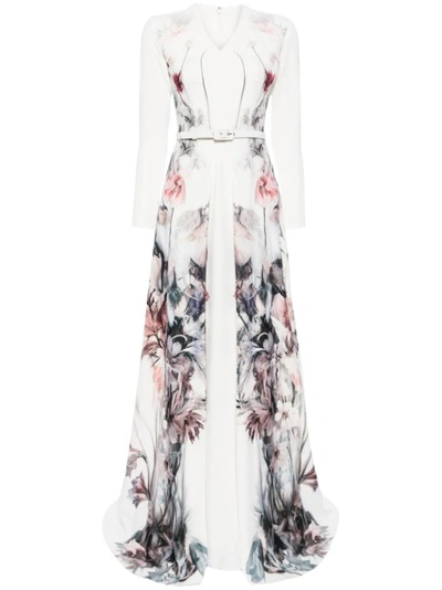 Saiid Kobeisy Crepe Flowers Printed Kaftan With V Neckline In White