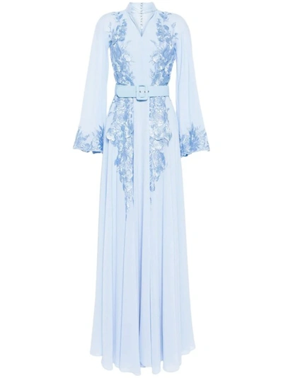 Saiid Kobeisy Floral-embroidered Beaded Kaftan Dress In Blue