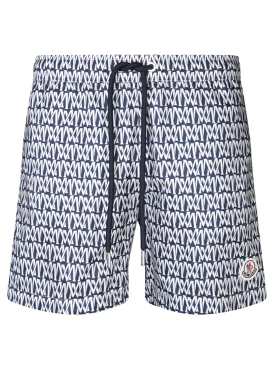 Moncler Monogram Print Blue Swimsuit In White