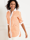 Talbots Petite - Boyfriend Shirt - Sweet Stripe - Cantaloupe/white - Large - 100% Cotton  In Cantaloupe,white
