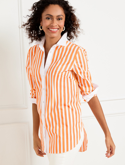 Talbots Petite - Boyfriend Shirt - Sweet Stripe - Cantaloupe/white - Large - 100% Cotton  In Cantaloupe,white