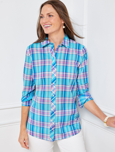 Talbots Plus Size - Cotton Button Front Shirt - Boothbay Plaid - Cheerful Blue - 3x