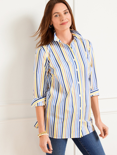 Talbots Petite - Cotton Button Front Shirt - Spring Fling Stripe - White/blue - Medium  In White,blue