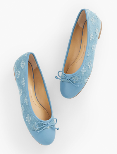 Talbots Blair Cap Toe Ballet Flats - Floral Embroidered Distressed Denim - Light Denim - 9 1/2 M - 100% Cott