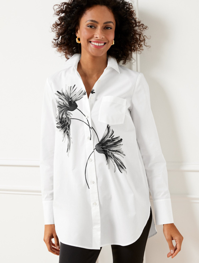 Talbots Boyfriend Shirt - Chrysanthemum Blooms - White/black - Xl - 100% Cotton  In White,black