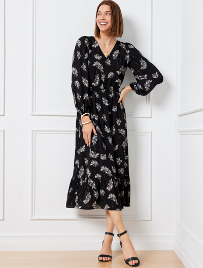 Talbots Petite - Stretch Crepe Midi Dress - Chrysanthemum Blooms - Black/white - 2  In Black,white