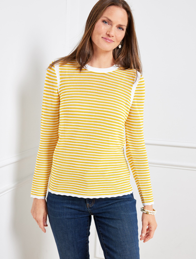 Talbots Crewneck Sweater - Scallop Stripe - White/yellow Sunflower - Xl  In White,yellow Sunflower