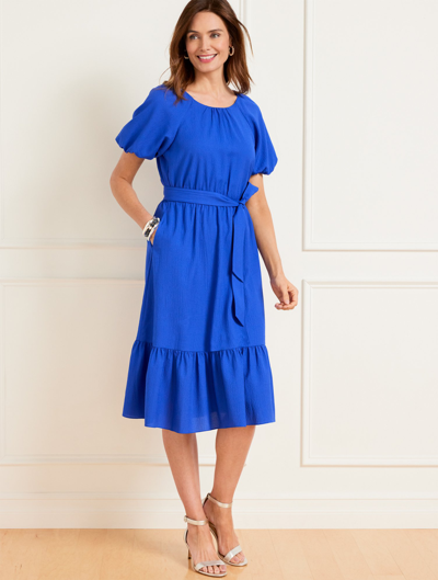 Talbots Plus Size - Puff Sleeve Seersucker Fit & Flare Dress - Sapphire Blue - 2x
