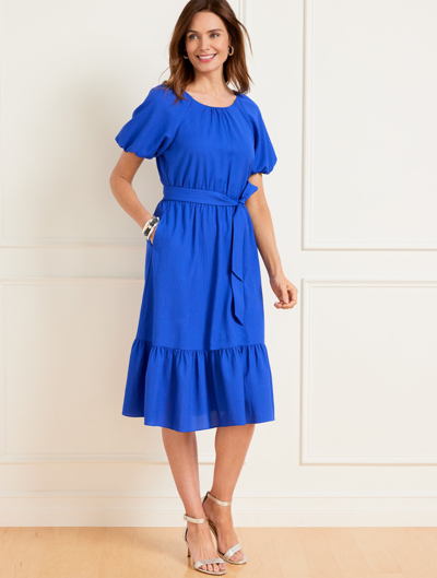 Talbots Petite - Puff Sleeve Seersucker Fit & Flare Dress - Sapphire Blue - Small