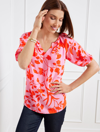 Talbots Petite - Elbow Sleeve Top - Silhouette Garden - French Rose/tangerine - Medium  In French Rose,tangerine