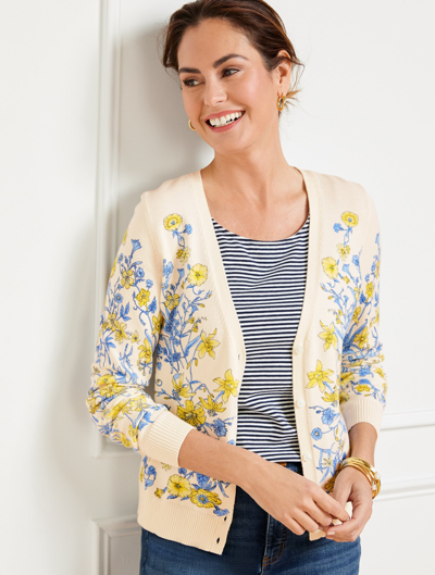Talbots Petite - V-neck Cardigan Sweater - Whimsical Floral - Ivory/yellow Sunflower - 2xs  In Ivory,yellow Sunflower