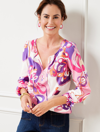 Talbots Petite - Gathered Tie Neck Top - Abstract Floral - Pink - Medium - 100% Cotton  In Pink