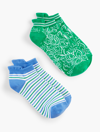 TALBOTS WHIRLY FLORAL 2-PACK ANKLE SOCKS - SPRINGHILL GREEN - 001 TALBOTS