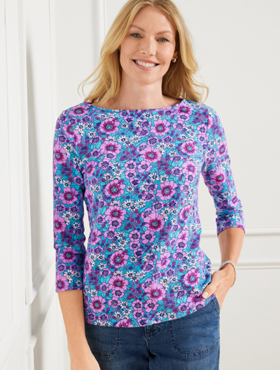 Talbots Petite - Bateau Neck T-shirt - Blooming Floral - Cheerful Blue/wisteria - Large  In Cheerful Blue,wisteria