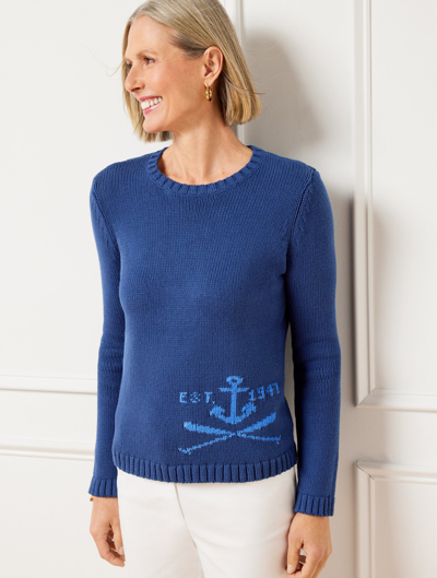Talbots Petite - Crewneck Sweater Pullover - Anchor Crest - Admiral Blue - Xl - 100% Cotton