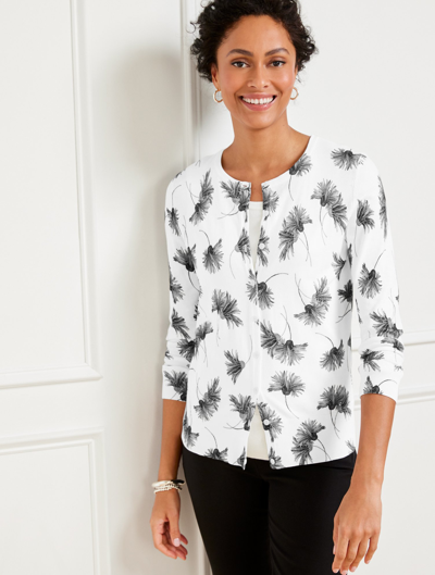 Talbots Petite - Charming Cardigan Sweater - Chrysanthemum Blooms - White/black - Small  In White,black