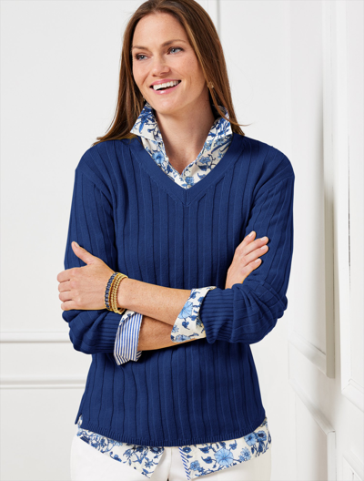 Talbots Ribbed V-neck Sweater - Admiral Blue - 2x