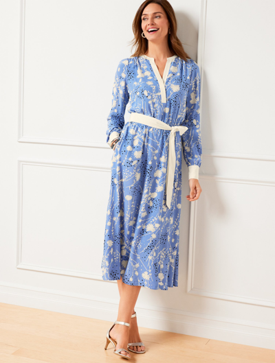Talbots Petite - Belted Fit & Flare Shirtdress - Dancing Flowers - Capri Blue/ivory - Small  In Capri Blue,ivory