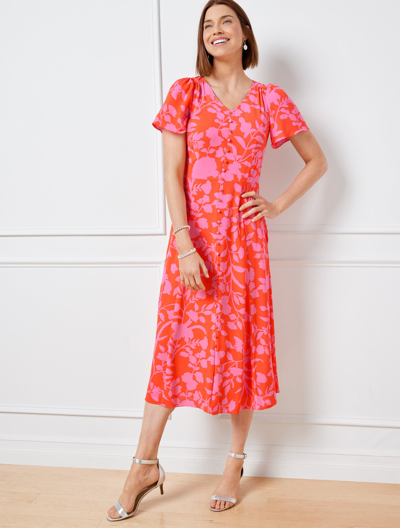 Talbots Petite - Flutter Sleeve Crepe Dress - Silhouette Garden - Tangerine/geranium - 14  In Tangerine,geranium