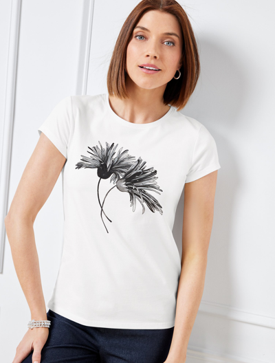 Talbots Crewneck T-shirt - Chrysanthemum Blooms - White/black - Xs - 100% Cotton  In White,black